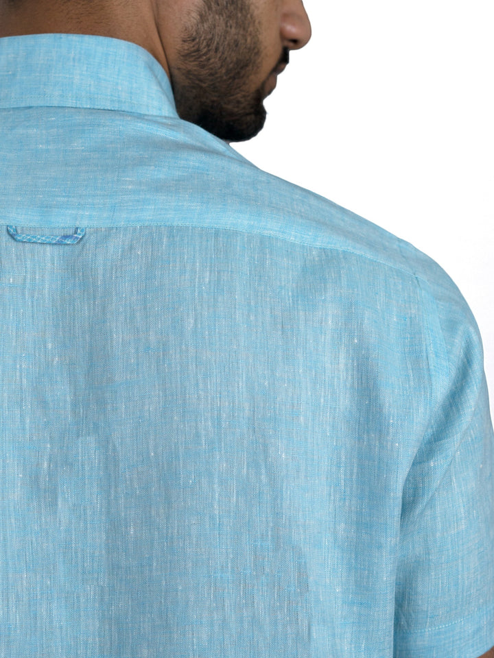 Denny - Pure Linen Chambray Half Sleeve Shirt - Blue | Rescue