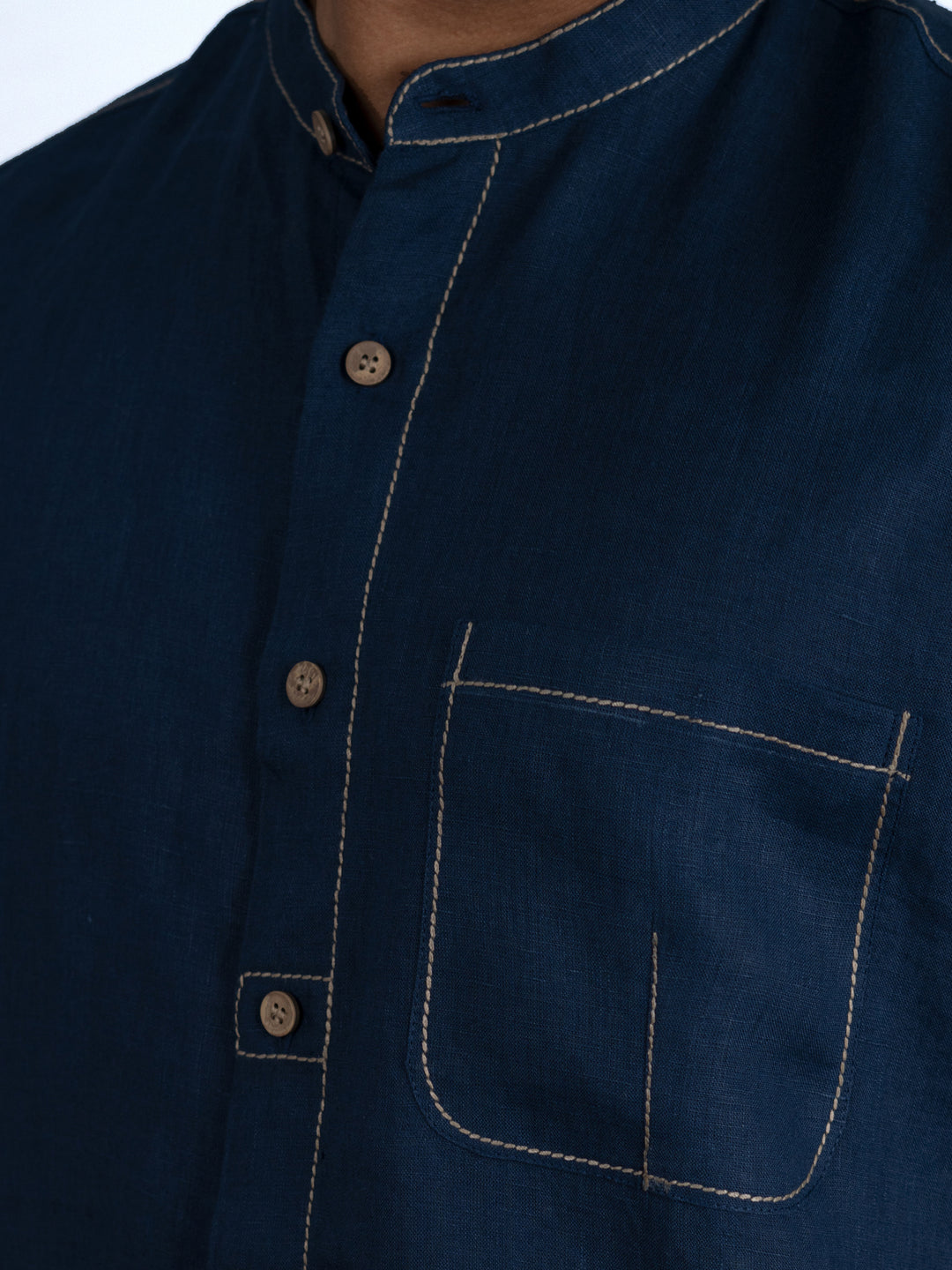 Desmond - Pure Linen Stitch Detailed Half Sleeve Shirt - Blue