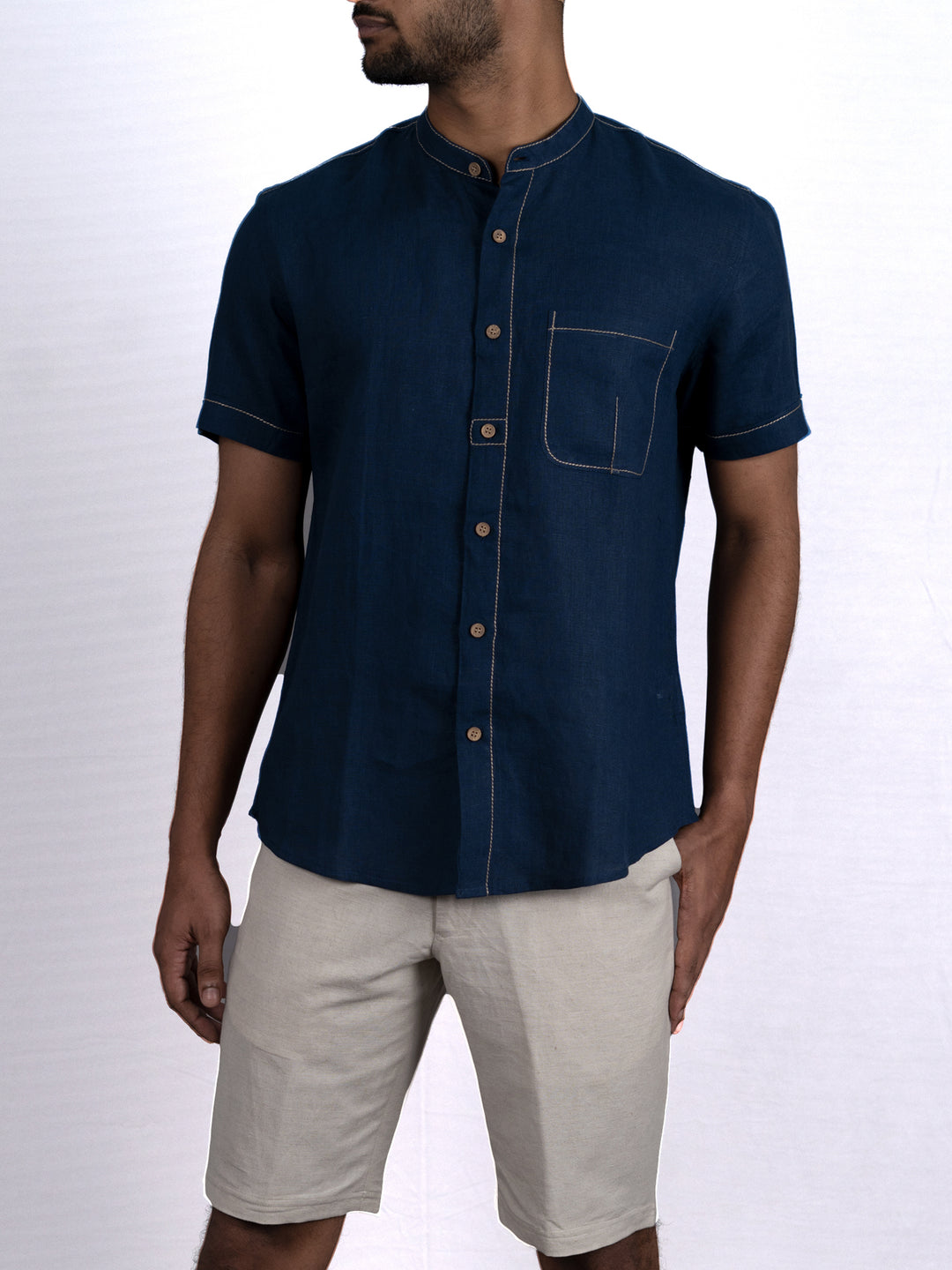 Desmond - Pure Linen Stitch Detailed Half Sleeve Shirt - Blue