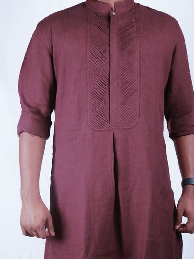 Dev - Full Sleeve Pure Linen Long Kurta - Maroon