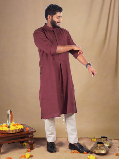 Dev - Full Sleeve Pure Linen Long Kurta - Maroon