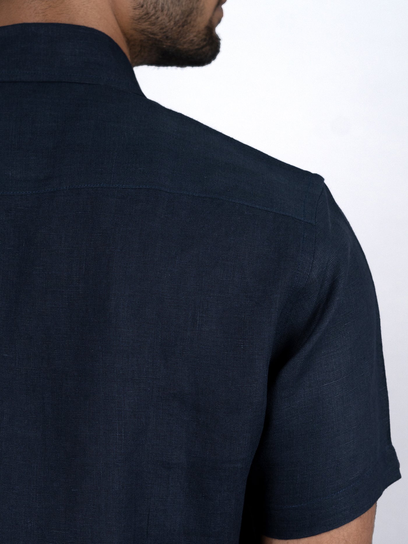 Dexter - Pure Linen Placket Embroidered Half Sleeve Shirt - Dark Blue