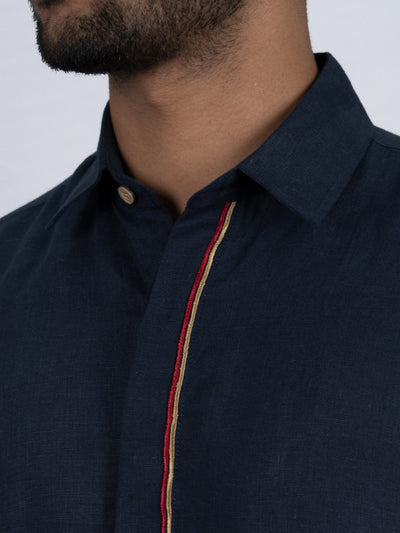 Dexter - Pure Linen Placket Embroidered Half Sleeve Shirt - Dark Blue