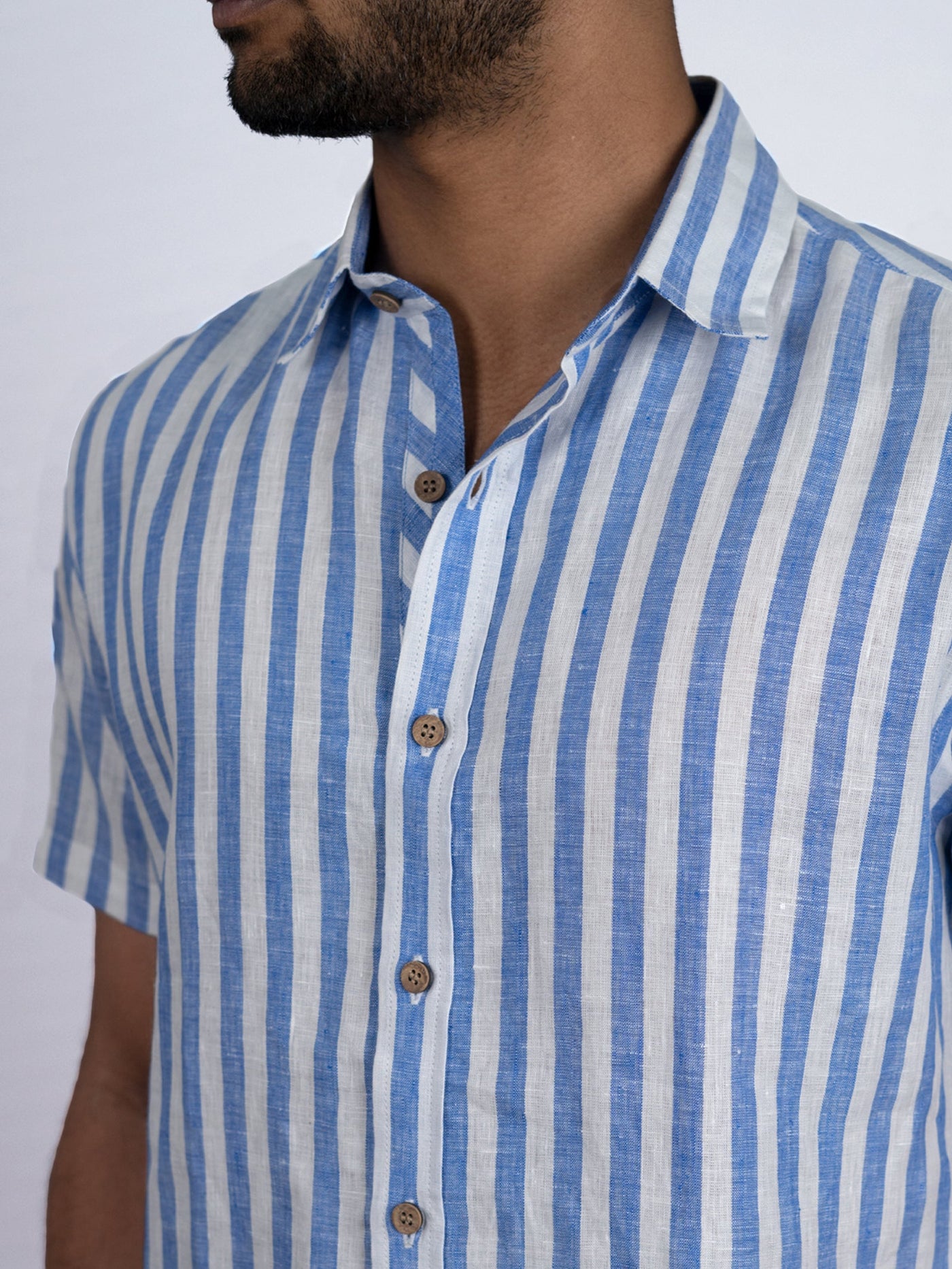 Drake - Pure Linen Striped Half Sleeve Shirt - Blue Stripes | Rescue