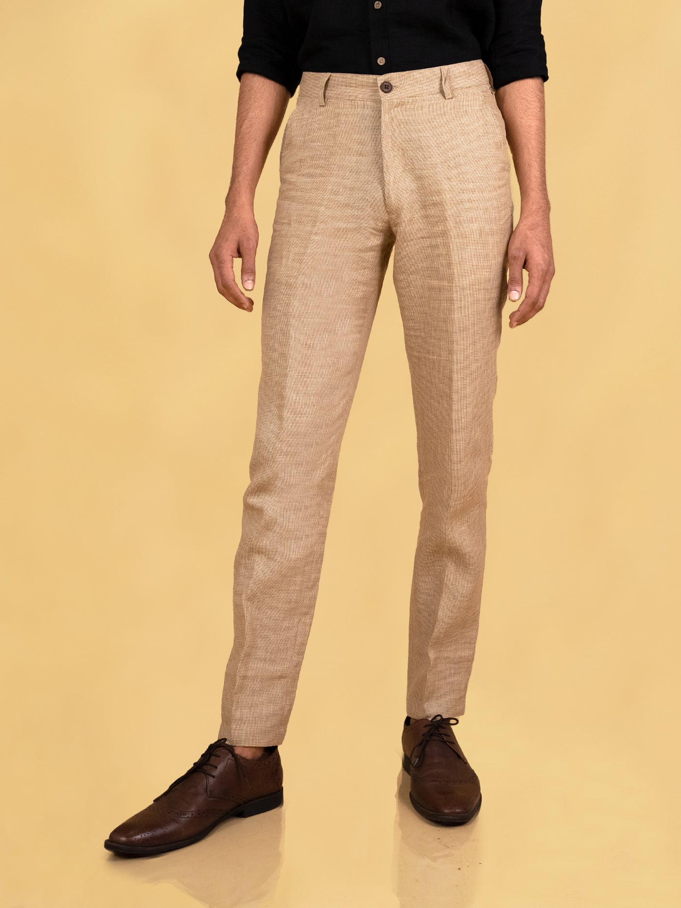 Ian Pure Linen Trousers - Golden Brown Houndstooth