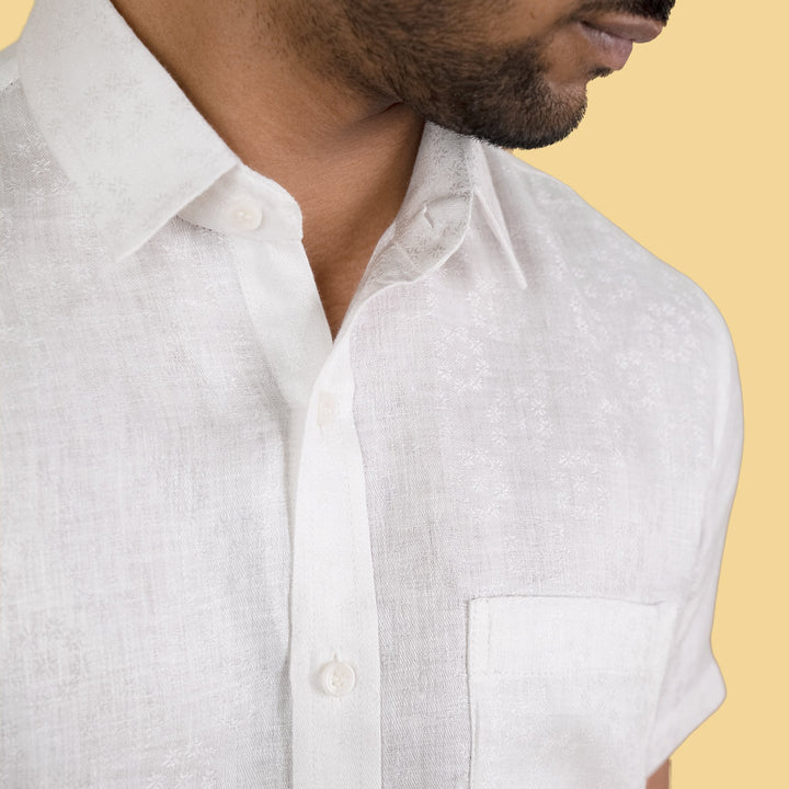 Harvey - Men's Pure Linen Half Sleeve Shirt - White Floral Dobby | Rescue