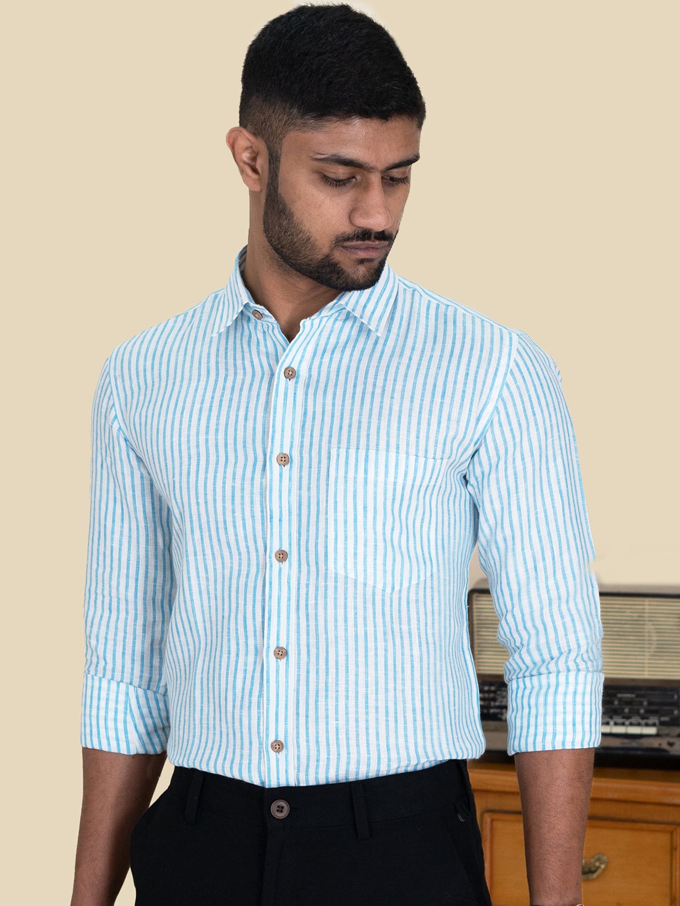 Harvey - Pure Linen Full Sleeve Shirt - Blue & White Stripes | Rescue