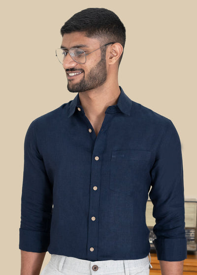 Harvey - Pure Linen Full Sleeve Shirt - Dark Blue