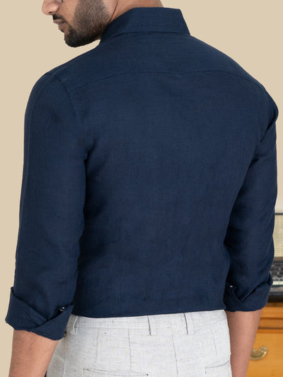 Harvey - Pure Linen Full Sleeve Shirt - Dark Blue