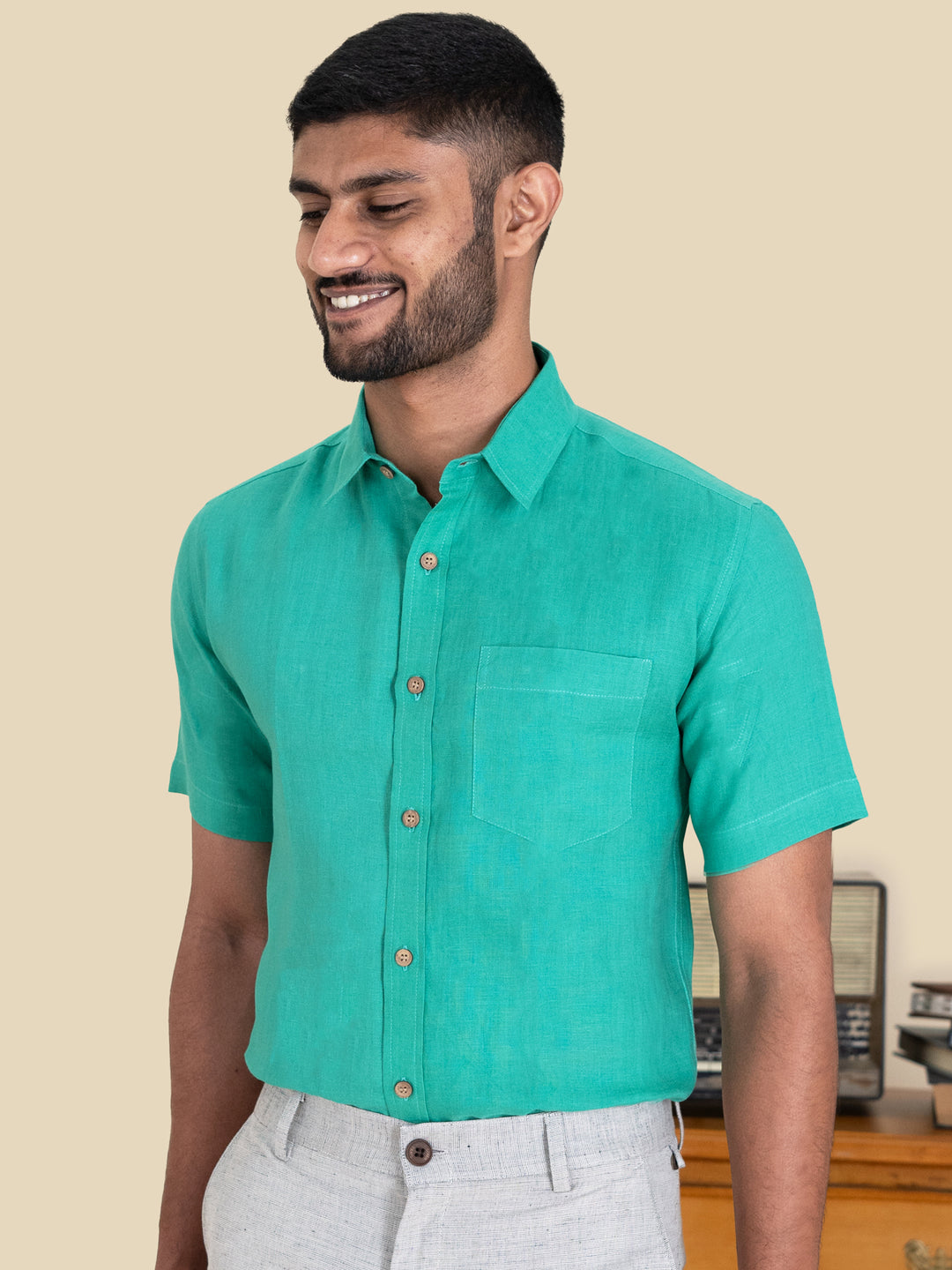 Harvey - Pure Linen Half Sleeve Shirt - Candy Green