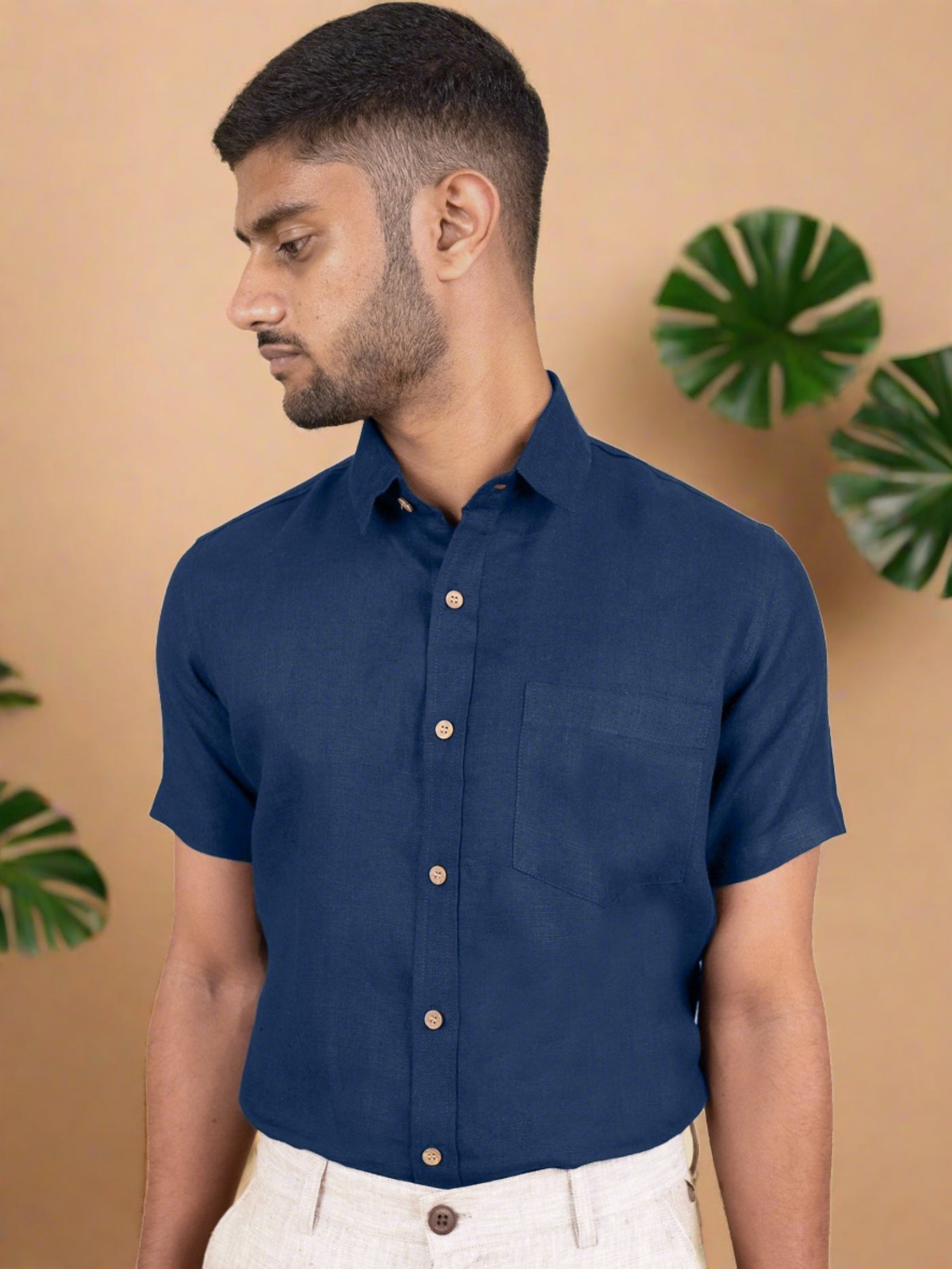Harvey - Pure Linen Half Sleeve Shirt - Denim Blue