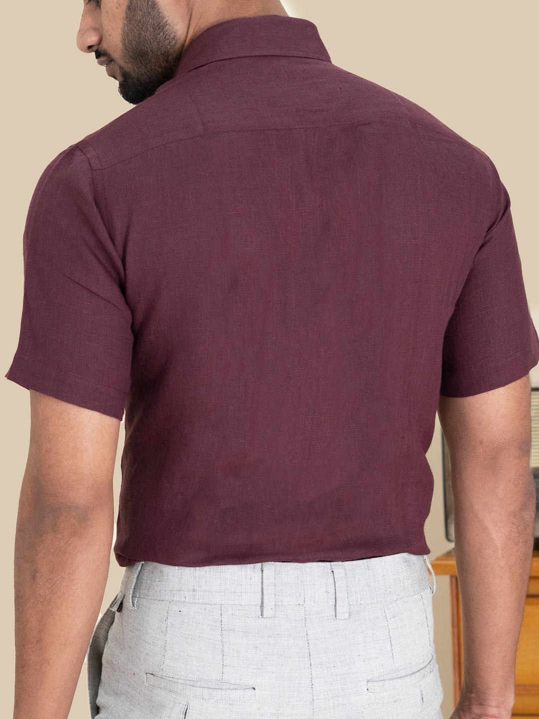 Harvey - Pure Linen Half Sleeve Shirt - Wine Red