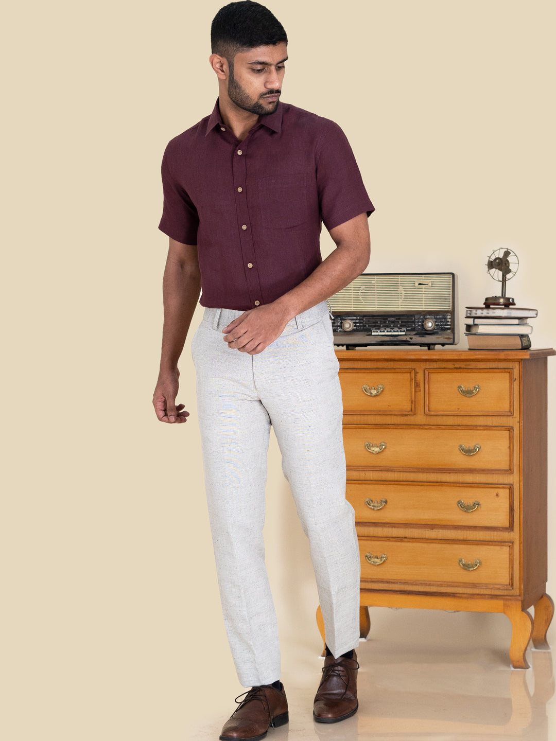 Harvey - Pure Linen Half Sleeve Shirt - Wine Red