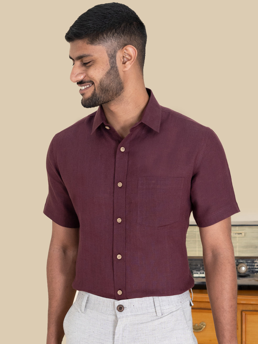 Harvey - Pure Linen Half Sleeve Shirt - Wine Red