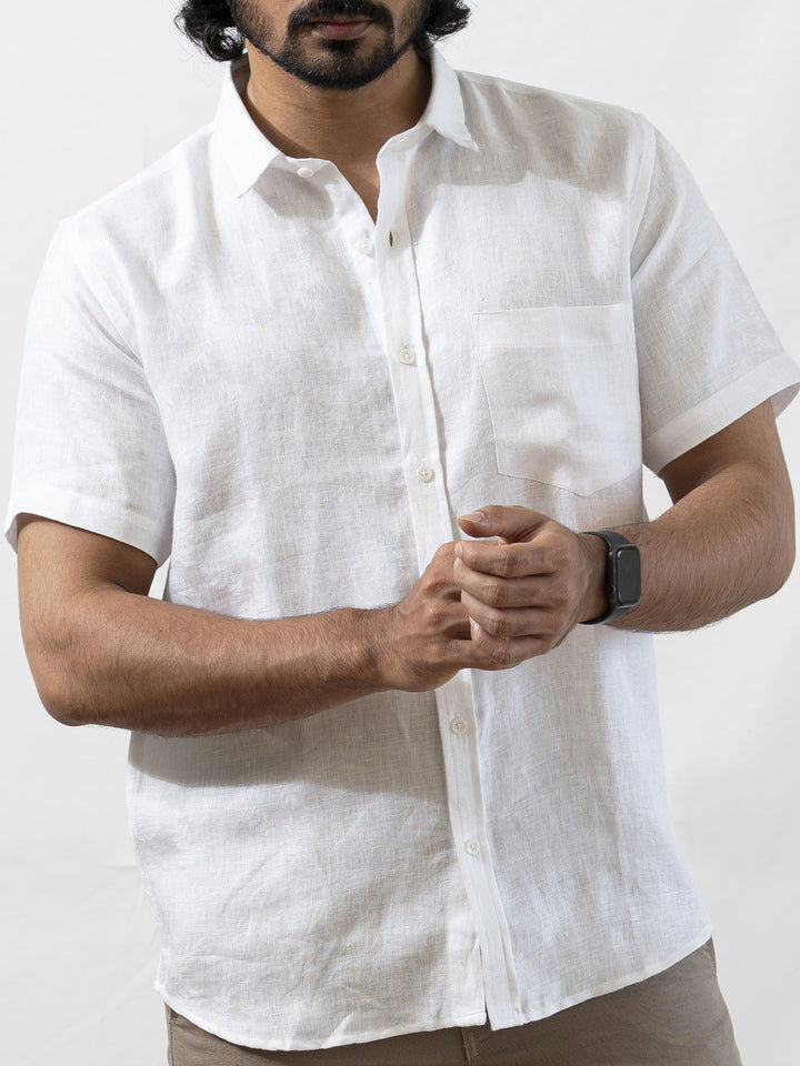 Harvey - Pure Linen Jacquard Half Sleeve Shirt - White | Rescue