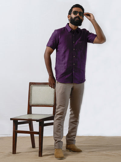 Henry - Pure Linen Half Sleeve Shirt - Purple