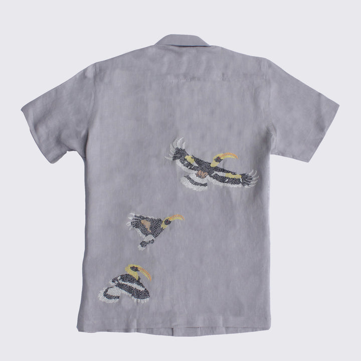 Hornbill - Pure Linen Hand Embroidered Half Sleeve Shirt - Cement Grey