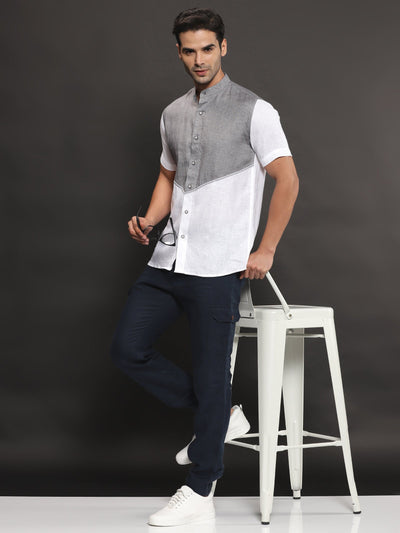 Jake : Grey & White Pure Linen Short Sleeve Shirt | Rescue