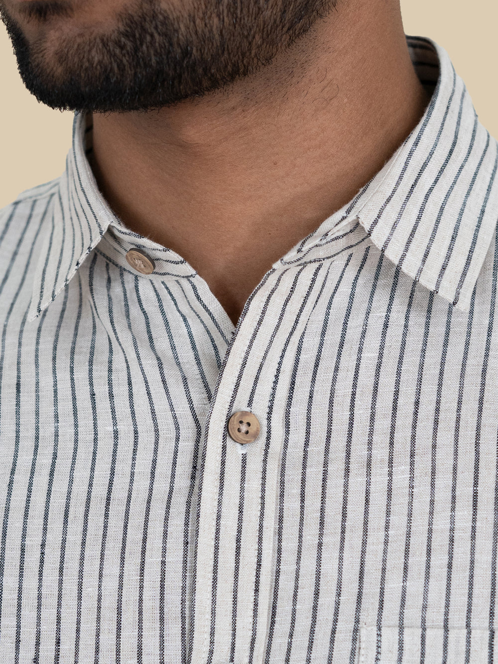 Ken - Pure Linen Striped Full Sleeve Shirt - Black & Ecru