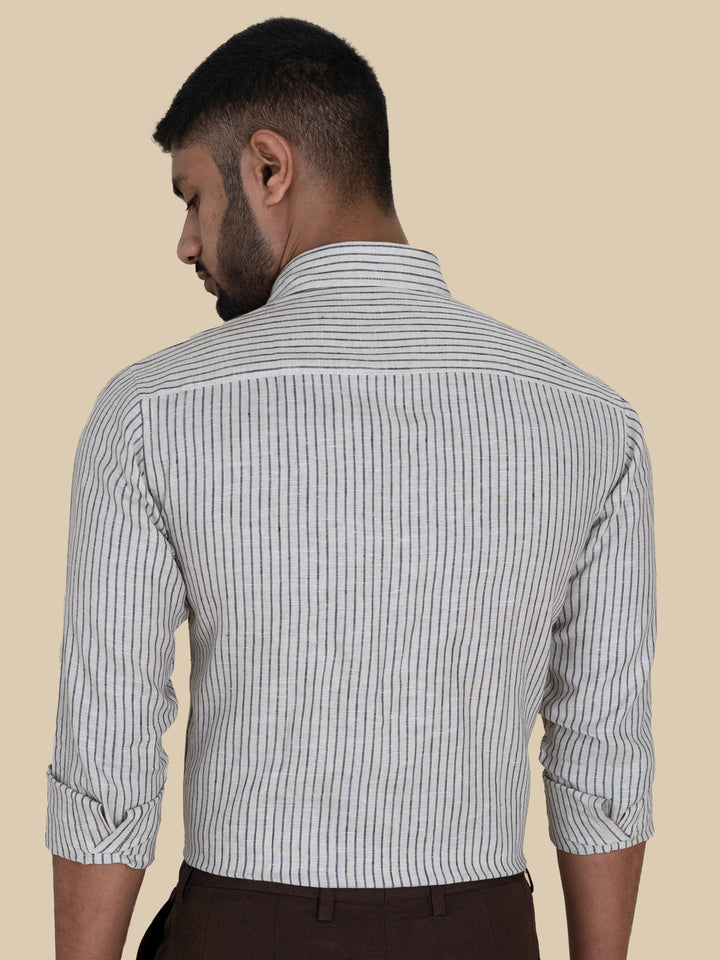 Ken - Pure Linen Striped Full Sleeve Shirt - Black & Ecru