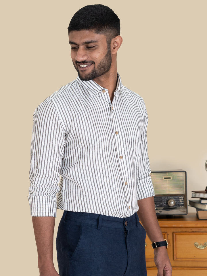 Ken - Pure Linen Striped Full Sleeve Shirt - Black & White