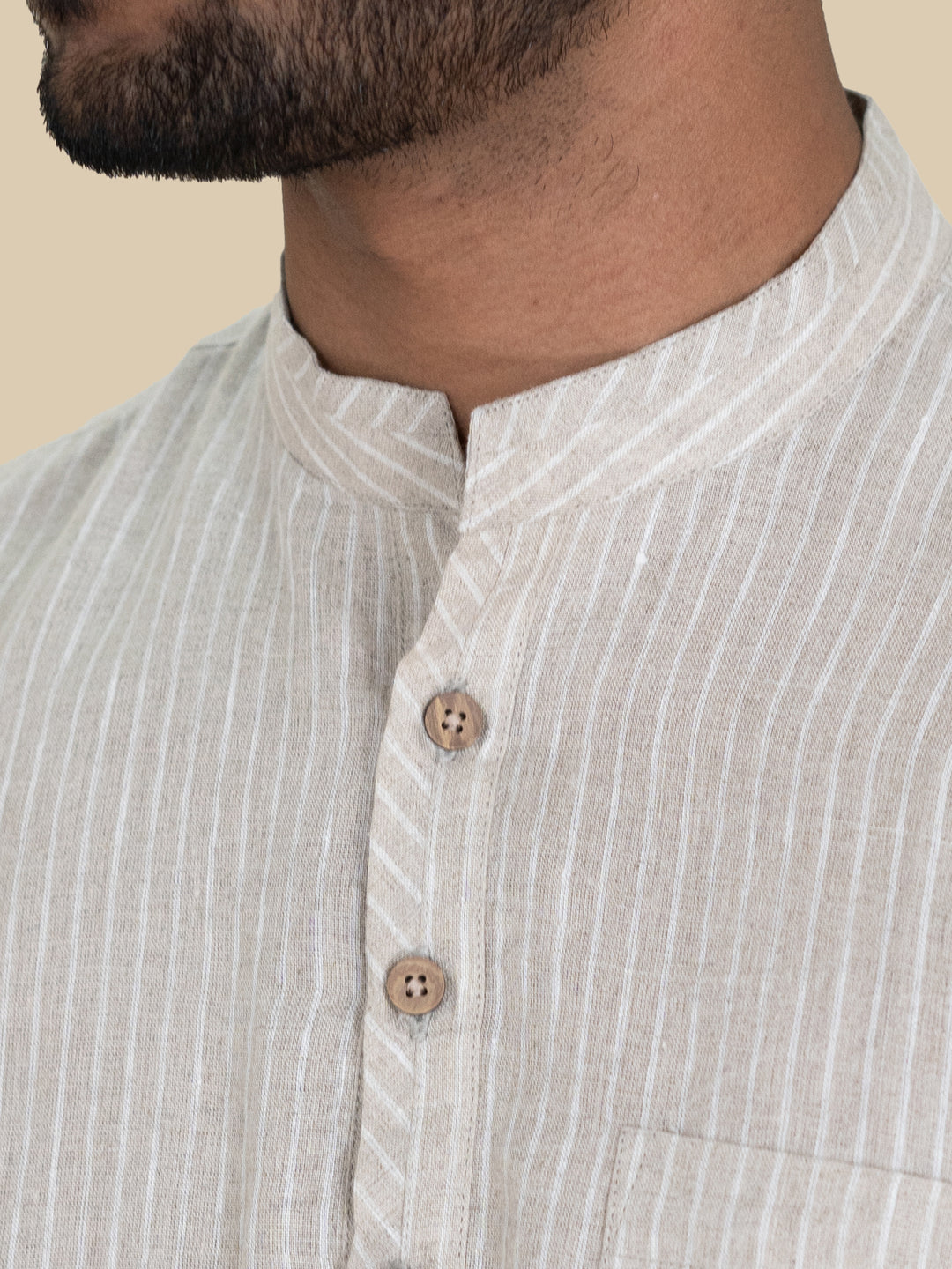 Kurt - Pure Linen Striped Half Sleeve Shirt - White & Ecru