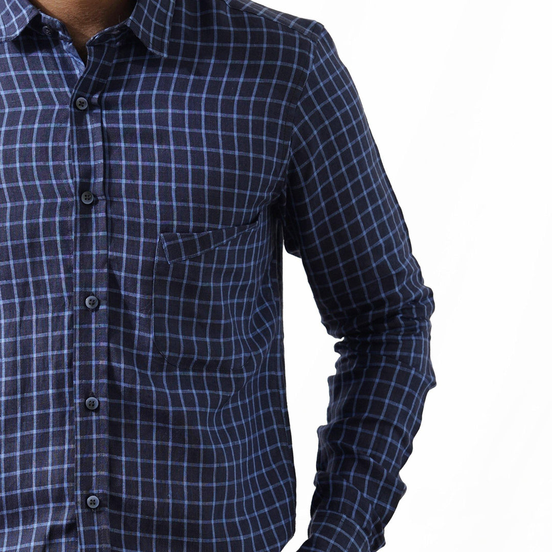 Lewis - Pure Linen Checked Full Sleeve Shirt - Blue