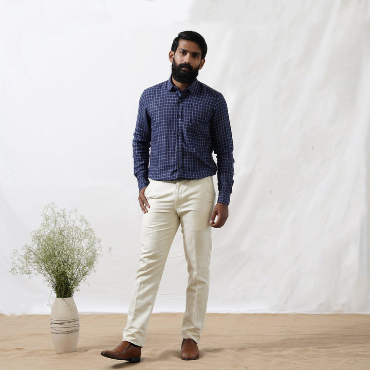 Lewis - Pure Linen Checked Full Sleeve Shirt - Blue