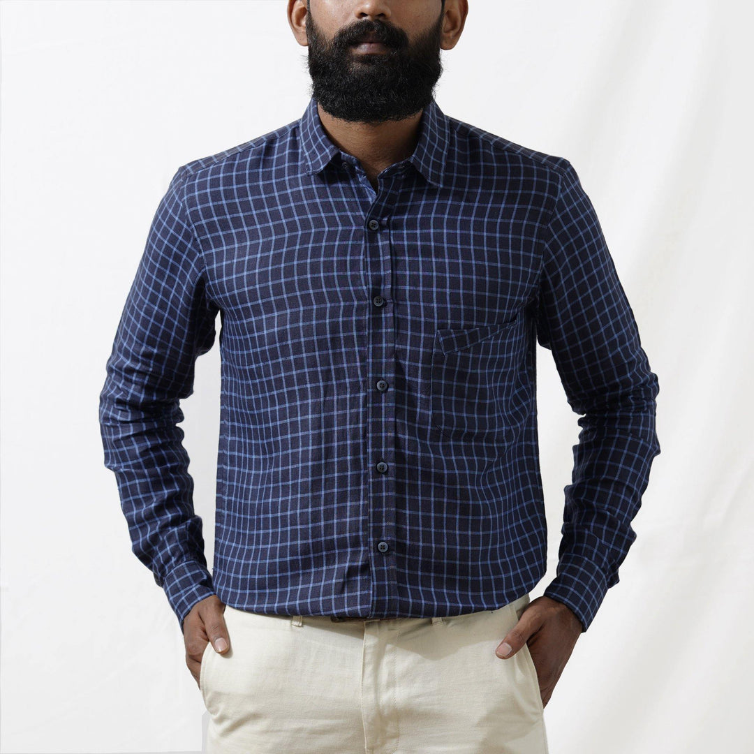 Lewis - Pure Linen Checked Full Sleeve Shirt - Blue