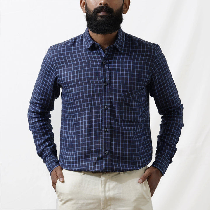 Lewis - Pure Linen Checked Full Sleeve Shirt - Blue