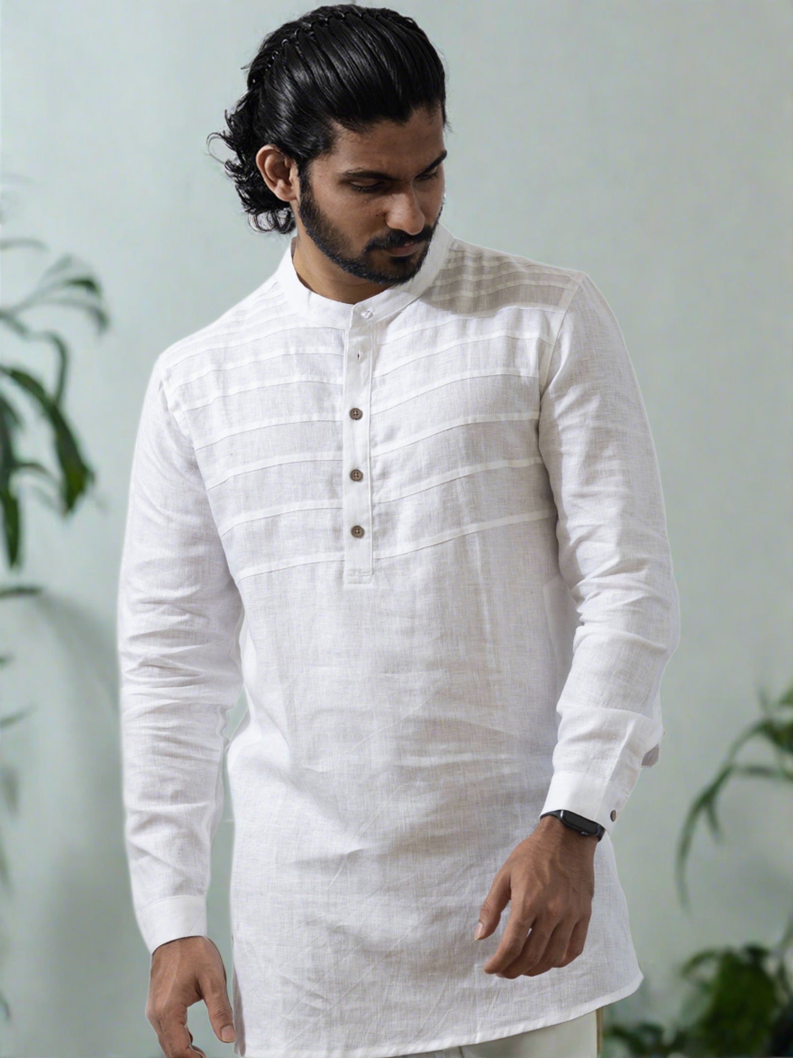 Marvel Full Sleeve Mandarin Collar Pure Linen Short Kurta White