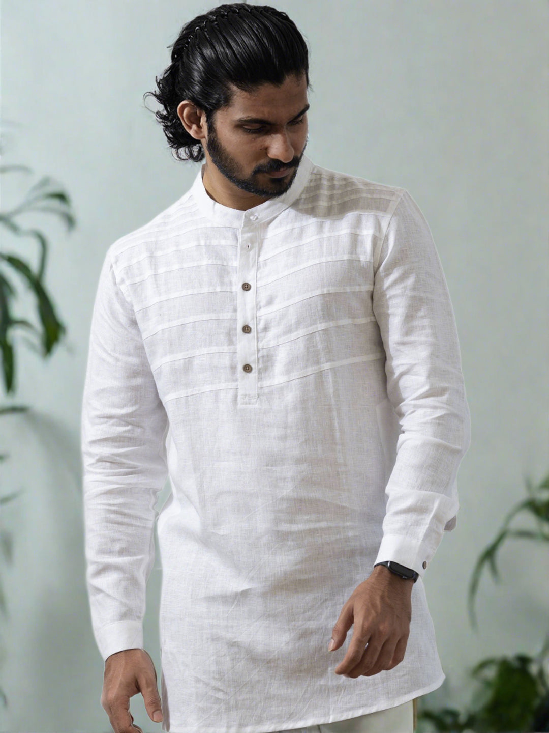 White Pure Linen Mandarin Collar Half Sleeve Shirt – Linen Trail