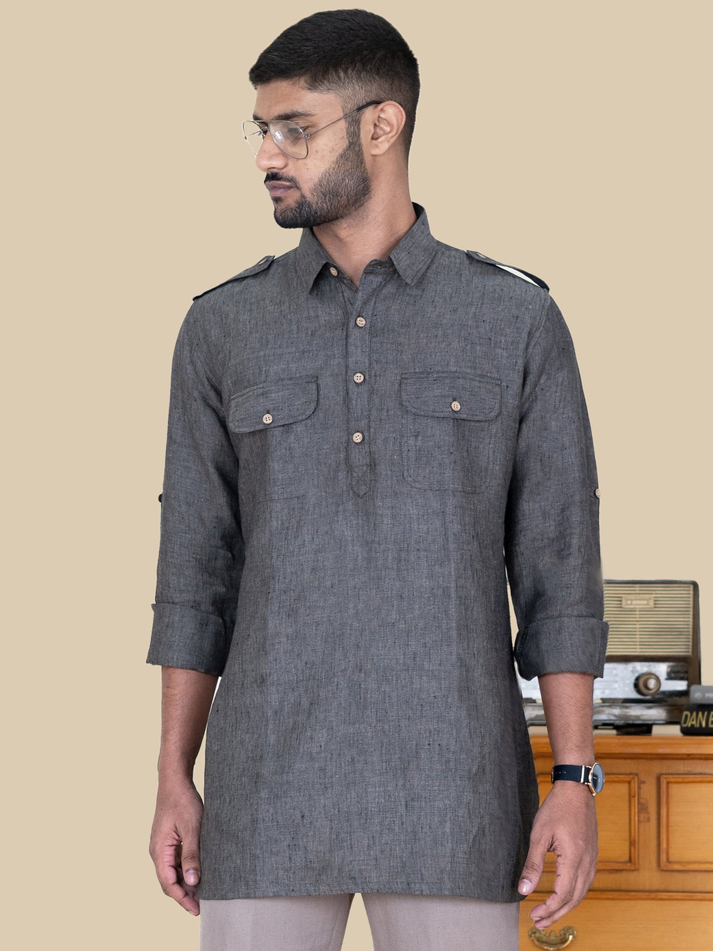 Michael - Full Sleeve Double Pocket Pure Linen Kurta - Darvys Grey