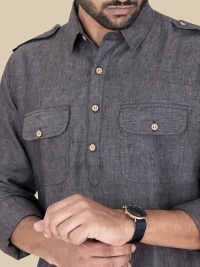 Michael - Full Sleeve Double Pocket Pure Linen Kurta - Darvys Grey