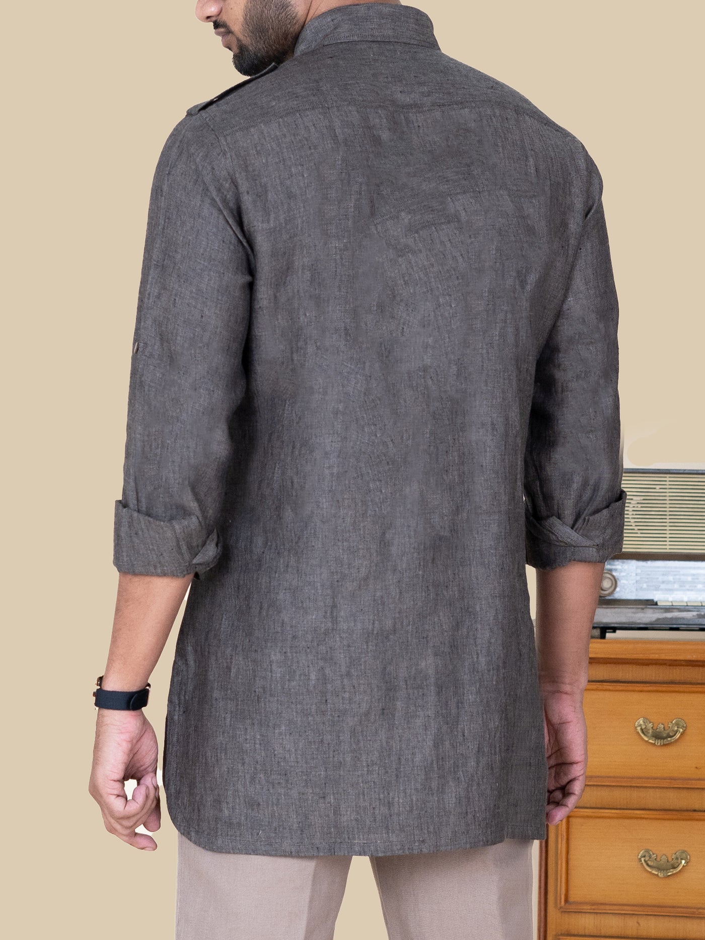 Michael - Full Sleeve Double Pocket Pure Linen Kurta - Darvys Grey