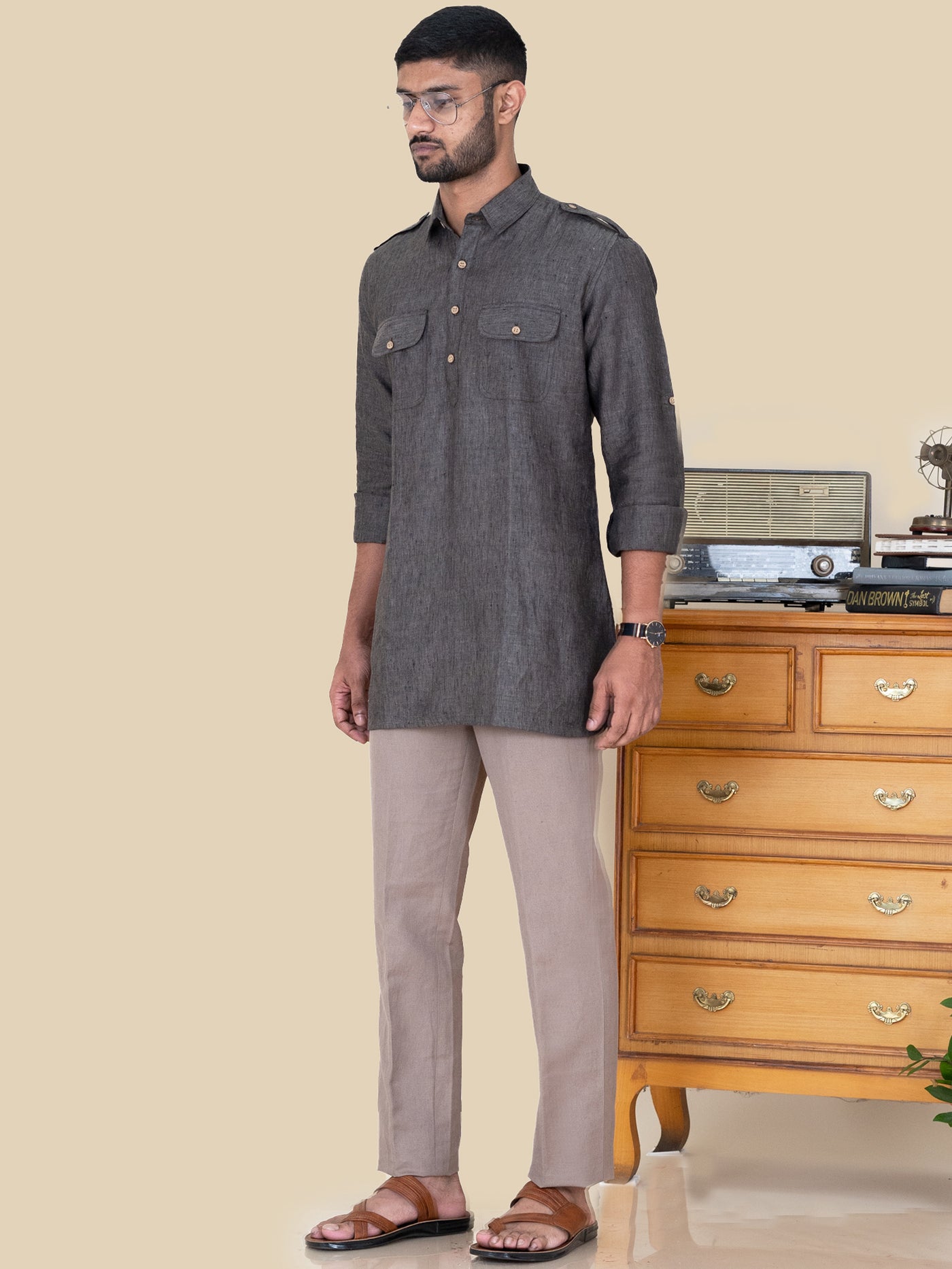 Michael - Full Sleeve Double Pocket Pure Linen Kurta - Darvys Grey