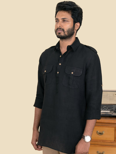 Michael - Full Sleeve Double Pocket Pure Linen Kurta - Black