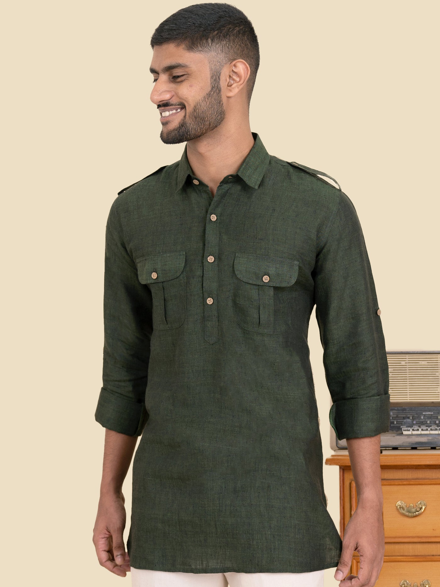 Michael - Full Sleeve Double Pocket Pure Linen Kurta - Forest Green