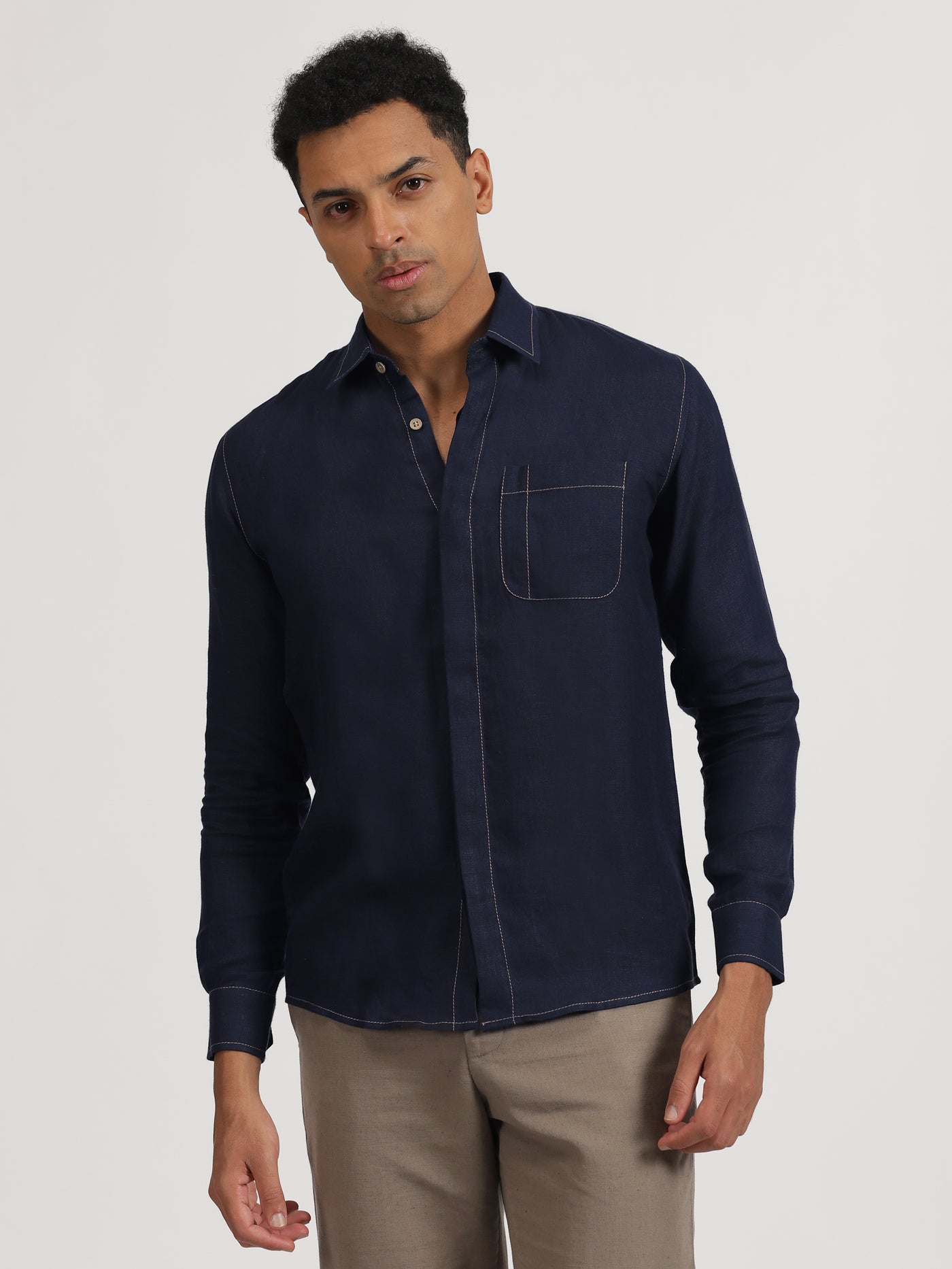 Paul - Pure Linen Stitch Detailed Full Sleeve Shirt - Dark Blue