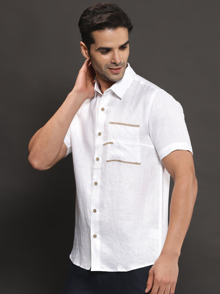 Robert - Pure Linen Pocket Detailed Half Sleeve Shirt - White
