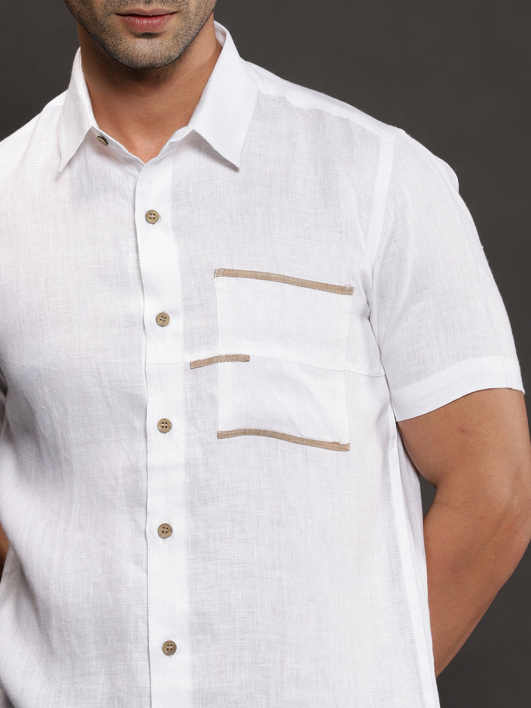 Robert - Pure Linen Pocket Detailed Half Sleeve Shirt - White