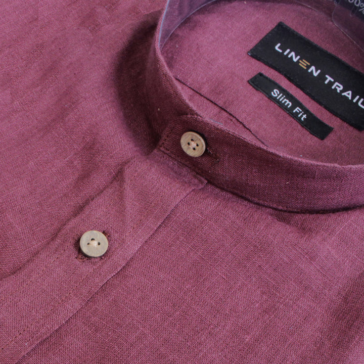 Rosso - Pure Linen Mandarin Collar Half Sleeve Shirt - Wine Red