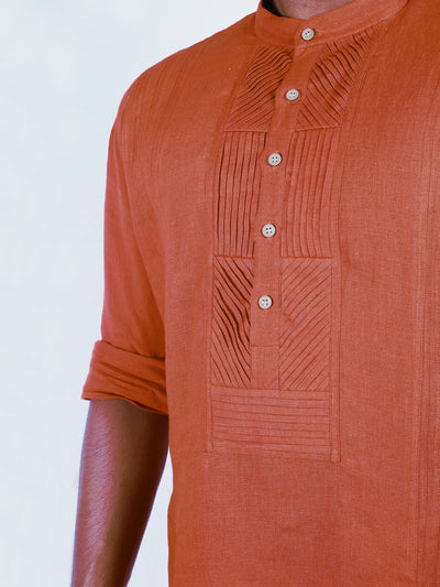 Ryan - Full Sleeve Pure Linen Long Kurta - Orange