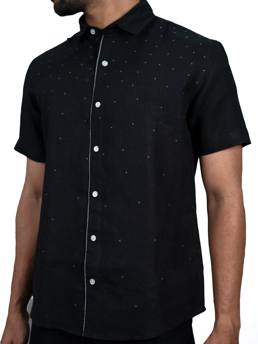 Stardust - Pure Linen Hand-Embroidered Half Sleeve Shirt - Black