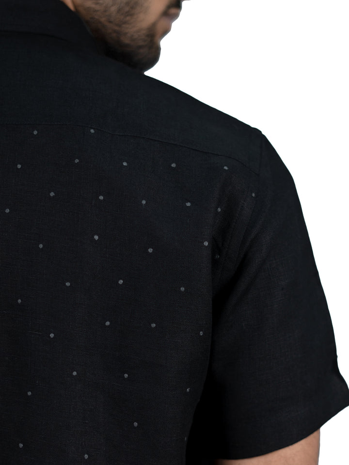 Stardust - Pure Linen Hand-Embroidered Half Sleeve Shirt - Black