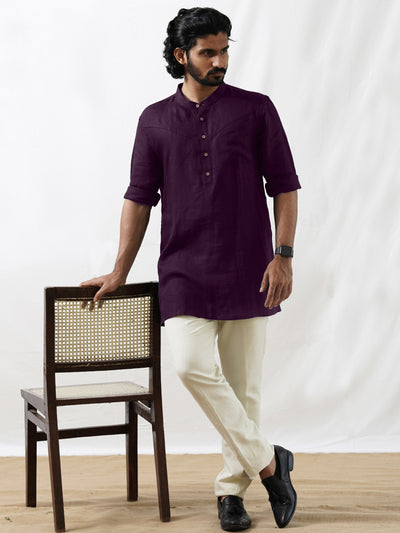 Wills - Full Sleeve Mandarin Collar Pure Linen Short Kurta - Dark Purple
