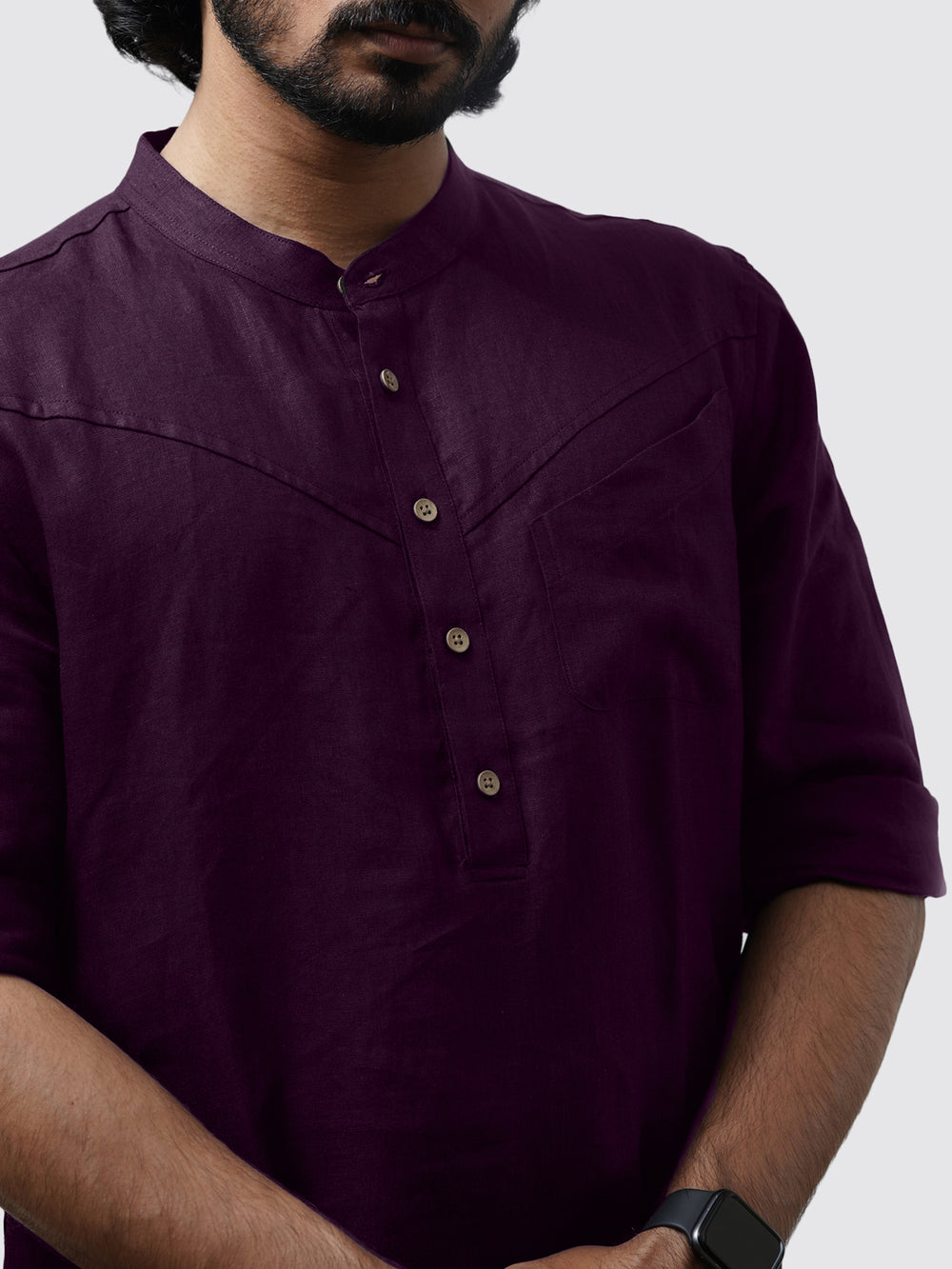 Wills - Full Sleeve Mandarin Collar Pure Linen Short Kurta - Dark Purple