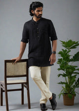 Wills - Full Sleeve Mandarin Collar Pure Linen Short Kurta - Black